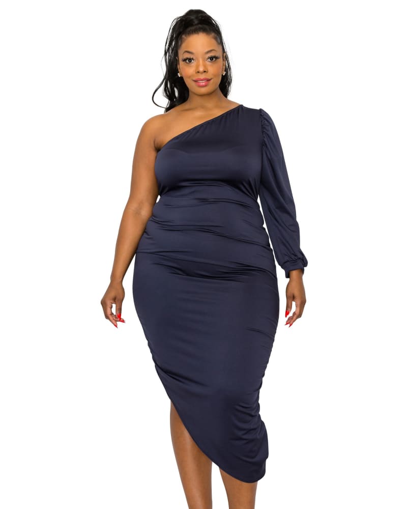 Front of a model wearing a size 3X Gaia Asymmetrical Bodycon Dress in Navy by L I V D. | dia_product_style_image_id:274911